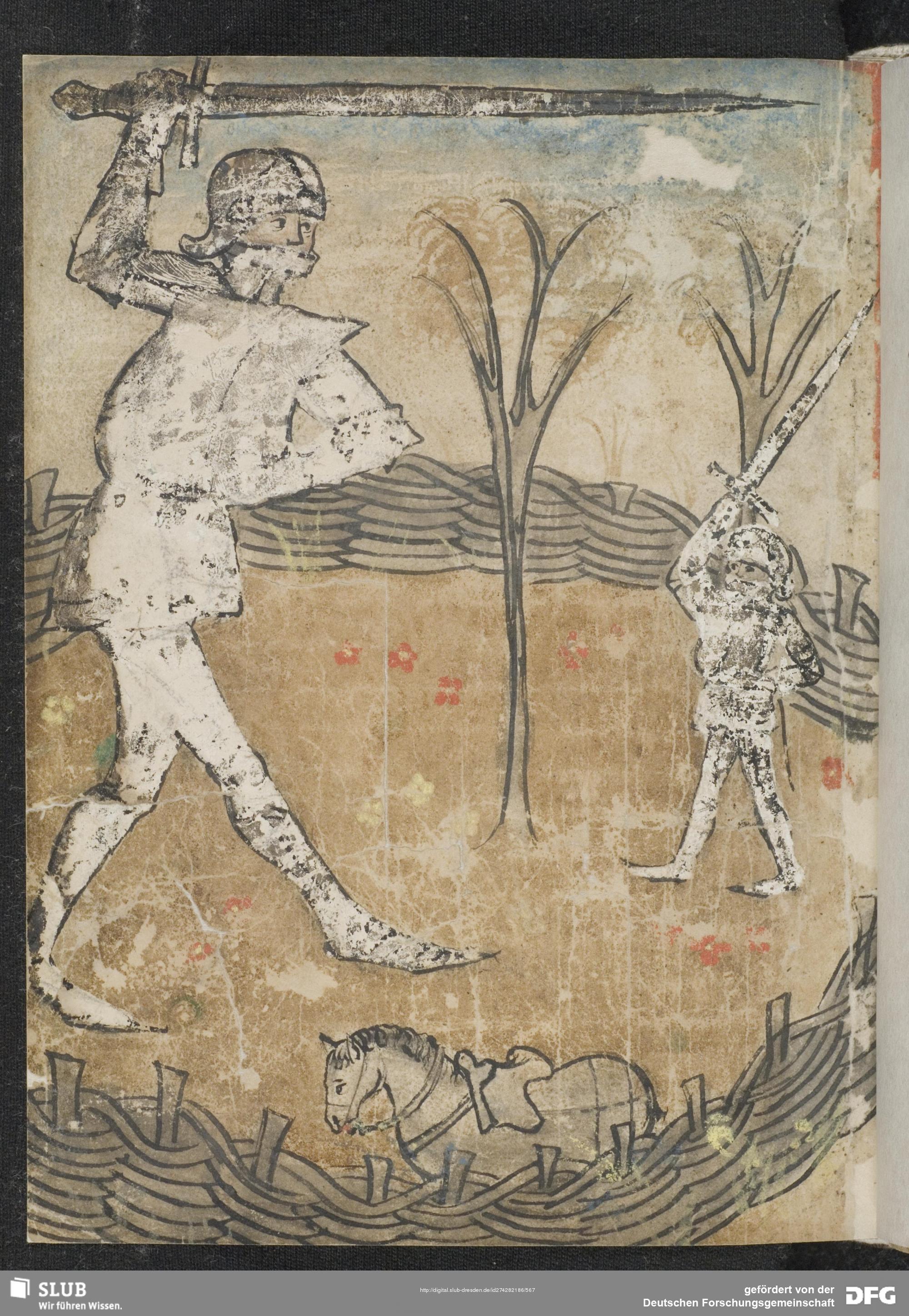 Laurin fights Dietrich in the rose garden – Kaspar von der Rhoen, 1472, medieval manuscript